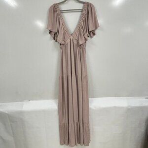 Blush Pink Boho Maxi Dress Large Deep V Ruffle Sleeve Flowy Cottagecore Romantic